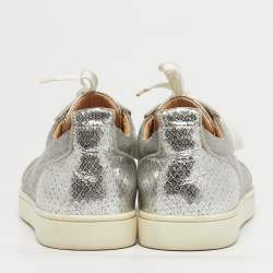 Pre Owned Christian Louboutin Silver Lurex Fabric and Python Embossed Vierissima Spike Low Top Sneakers Size 43