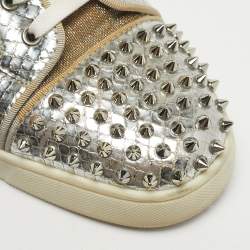 Pre Owned Christian Louboutin Silver Lurex Fabric and Python Embossed Vierissima Spike Low Top Sneakers Size 43