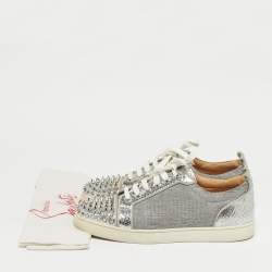 Pre Owned Christian Louboutin Silver Lurex Fabric and Python Embossed Vierissima Spike Low Top Sneakers Size 43