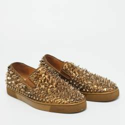Pre Owned Christian Louboutin Gold Python Leather Roller Boat Slip On Sneakers Size 43.5