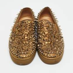 Pre Owned Christian Louboutin Gold Python Leather Roller Boat Slip On Sneakers Size 43.5