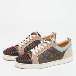 Pre Owned Christian Louboutin Multicolor Leather and Lurex Fabric Louis Junior Spikes Lace Up Sneakers Size 43.5