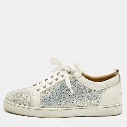 Pre Owned Christian Louboutin White Leather and Suede Crystal Embellish Louis Lace Up Sneakers Size 43.5
