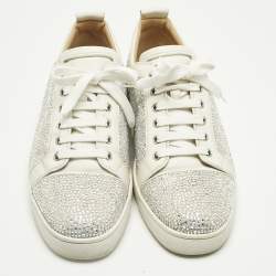 Pre Owned Christian Louboutin White Leather and Suede Crystal Embellish Louis Lace Up Sneakers Size 43.5
