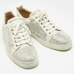 Pre Owned Christian Louboutin White Leather and Suede Crystal Embellish Louis Lace Up Sneakers Size 43.5