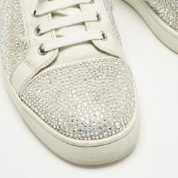 Pre Owned Christian Louboutin White Leather and Suede Crystal Embellish Louis Lace Up Sneakers Size 43.5