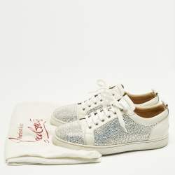 Pre Owned Christian Louboutin White Leather and Suede Crystal Embellish Louis Lace Up Sneakers Size 43.5
