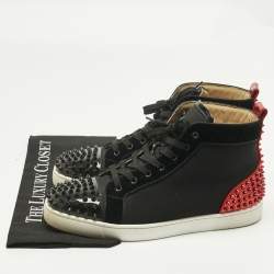 Pre Owned Christian Louboutin Black/Red Mesh and Patent Leather Louis Spikes High Top Sneakers Size 44