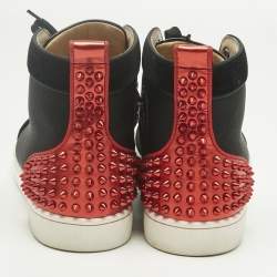 Pre Owned Christian Louboutin Black/Red Mesh and Patent Leather Louis Spikes High Top Sneakers Size 44