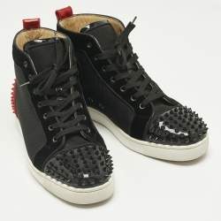Pre Owned Christian Louboutin Black/Red Mesh and Patent Leather Louis Spikes High Top Sneakers Size 44