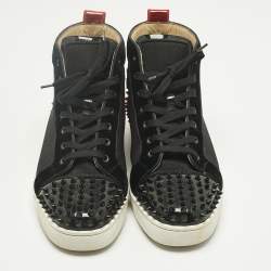 Pre Owned Christian Louboutin Black/Red Mesh and Patent Leather Louis Spikes High Top Sneakers Size 44