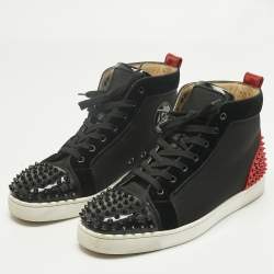 Pre Owned Christian Louboutin Black/Red Mesh and Patent Leather Louis Spikes High Top Sneakers Size 44