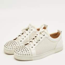 Pre Owned Christian Louboutin White Leather and Mesh Spike Lace Up Sneakers Size 43.5