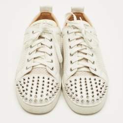 Pre Owned Christian Louboutin White Leather and Mesh Spike Lace Up Sneakers Size 43.5