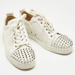 Pre Owned Christian Louboutin White Leather and Mesh Louis Spikes Lace Up Sneakers Size 43