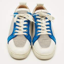 مملوكة مسبقًا حذاء رياضي كريستيان لوبوتان رانتولوف قماش منسوج جلد أبيض/أزرق بحري منخفض مقاس 43