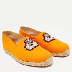 Pre Owned Christian Louboutin Nanou Crest Size 44 Orange Canvas Slip On Espadrille Flat