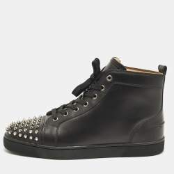 Pre Owned Christian Louboutin Lou Spikes Size 44 Black Leather High Top Sneakers