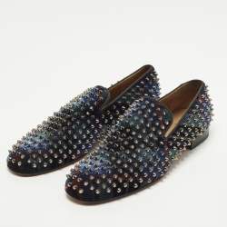 Pre Owned Christian Louboutin Dandelion Spikes Size 43.5 Black Velvet Smoking Slippers