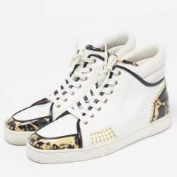 Pre Owned Christian Louboutin Spike Size 43.5 Tricolor Leather and Patent Stone Print High Top Sneakers