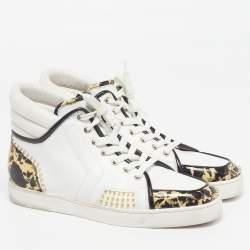 Pre Owned Christian Louboutin Spike Size 43.5 Tricolor Leather and Patent Stone Print High Top Sneakers
