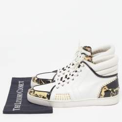 Pre Owned Christian Louboutin Spike Size 43.5 Tricolor Leather and Patent Stone Print High Top Sneakers