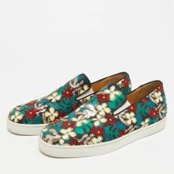Pre Owned Christian Louboutin Size 42.5 Multicolor Canvas And Patent Leather Floral Applique Slip On Sneakers