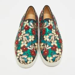 Pre Owned Christian Louboutin Size 42.5 Multicolor Canvas And Patent Leather Floral Applique Slip On Sneakers