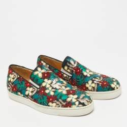 Pre Owned Christian Louboutin Size 42.5 Multicolor Canvas And Patent Leather Floral Applique Slip On Sneakers
