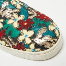 Pre Owned Christian Louboutin Size 42.5 Multicolor Canvas And Patent Leather Floral Applique Slip On Sneakers