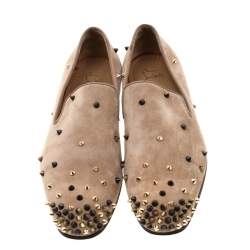 Pre Owned Christian Louboutin Beige Suede Spiked Loafers Size 42