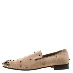 Pre Owned Christian Louboutin Beige Suede Spiked Loafers Size 42