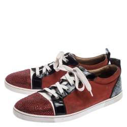 Pre Owned Christian Louboutin Red/Black Suede and Patent Leather Gondola Strass Low Top Sneakers Size 42
