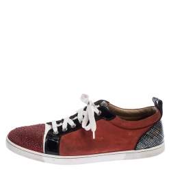 Pre Owned Christian Louboutin Red/Black Suede and Patent Leather Gondola Strass Low Top Sneakers Size 42