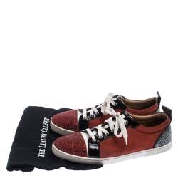 Pre Owned Christian Louboutin Red/Black Suede and Patent Leather Gondola Strass Low Top Sneakers Size 42