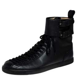 Pre Owned Christian Louboutin Black Leather Lace and Buckle High Top Sneakers Size 44.5