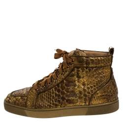 Pre Owned Christian Louboutin Metallic Bronze Python Leather Louis Orlato Lace Up Sneakers Size 42