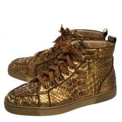 Pre Owned Christian Louboutin Metallic Bronze Python Leather Louis Orlato Lace Up Sneakers Size 42