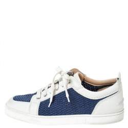 Christian Louboutin White/Blue Leather And Knit Fabric AC Rantulow Sneakers Size 43
