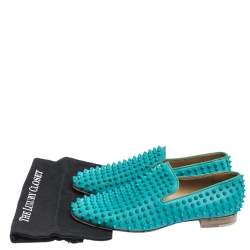 Pre Owned Christian Louboutin Blue Leather Rolling Spikes Loafers Size 41.5