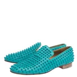 Pre Owned Christian Louboutin Blue Leather Rolling Spikes Loafers Size 41.5