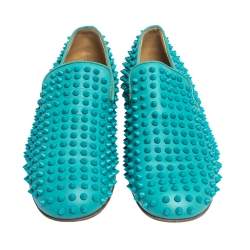 Pre Owned Christian Louboutin Blue Leather Rolling Spikes Loafers Size 41.5