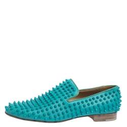 Pre Owned Christian Louboutin Blue Leather Rolling Spikes Loafers Size 41.5