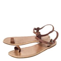 Pre Owned Christian Louboutin Tan Leather Toe Ring Flat Sandals Size 40