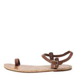 Pre Owned Christian Louboutin Tan Leather Toe Ring Flat Sandals Size 40