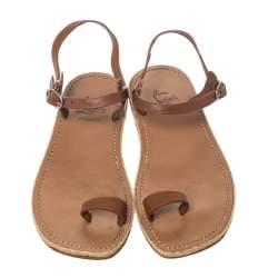 Pre Owned Christian Louboutin Tan Leather Toe Ring Flat Sandals Size 40