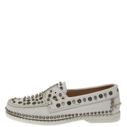 Christian Louboutin White Leather Studded Boat Deck Derby Size 40
