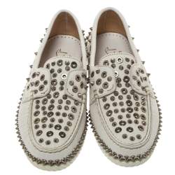 Christian Louboutin White Leather Studded Boat Deck Derby Size 40