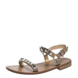 Christian Louboutin Beige Leather Studded Ankle Strap Flat Sandals Size 40