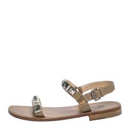 Christian Louboutin Beige Leather Studded Ankle Strap Flat Sandals Size 40